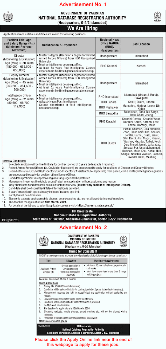 NADRA Jobs February 2024 Intelligence Officers & Others National Database and Registration Authority Latest