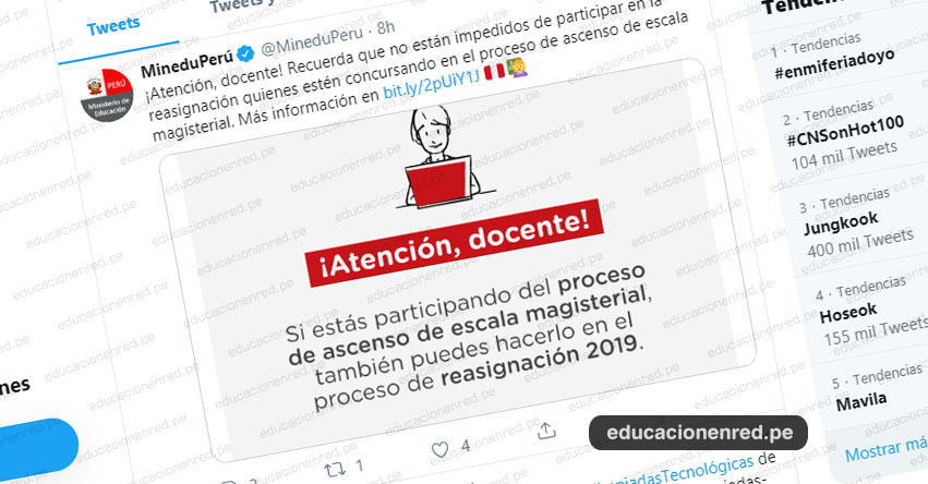 MINEDU: Docentes no están impedidos de participar en la reasignación si concursan en el proceso de ascenso de escala magisterial - www.minedu.gob.pe