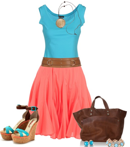 Blue blouse, pink bottoms, high heel sandals and brown bag for ladies