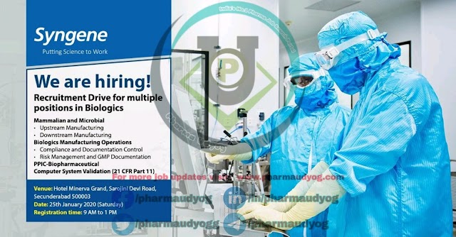 Syngene | Walk-in for Biologics Manufacturing on 25 Jan 2020 | Pharma Jobs in Hyderabad
