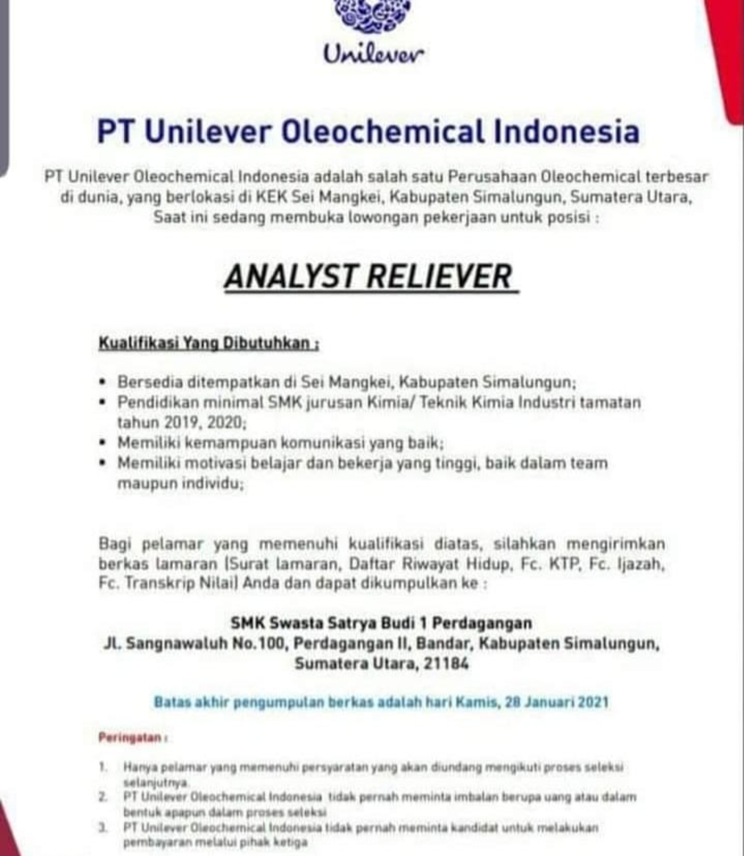 Lowongan Kerja Sma Smk Terbaru Di Pt Unilever Oleochemical Indonesia Medan Februari 2021 Lowongan Kerja Medan Terbaru Tahun 2021