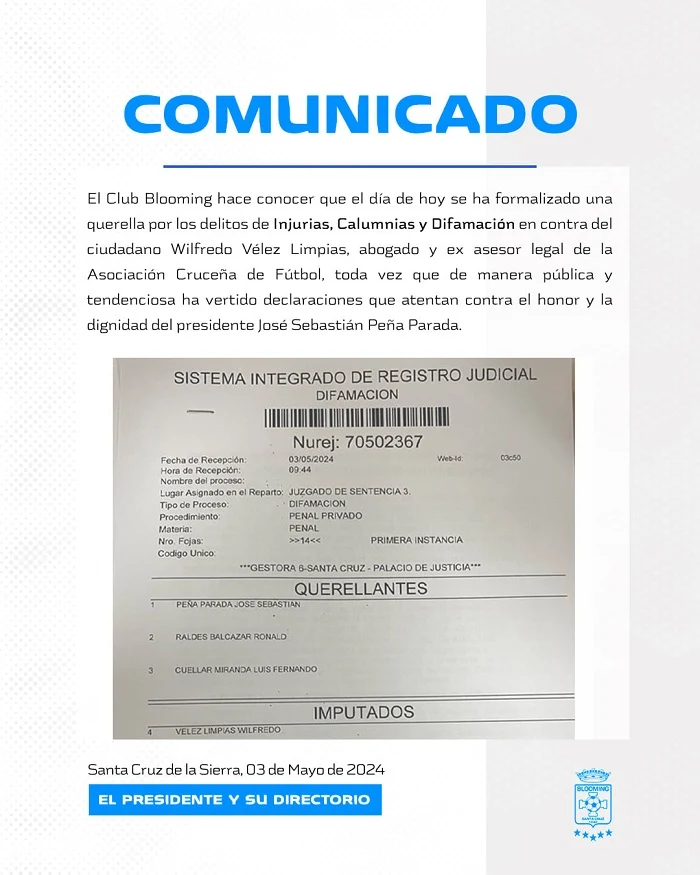 Oriente Petrolero y Blooming demandan al abogado y ex asesor de la ACF Wilfredo Velez Limpias