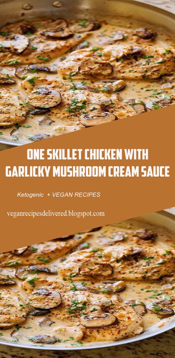One Skillet Chicken with Garlicky Mushroom Cream Sauce - ready in 30 minutes and perfect over a bed of pasta! #oneskilletchicken #chickendinner #mushroomchicken