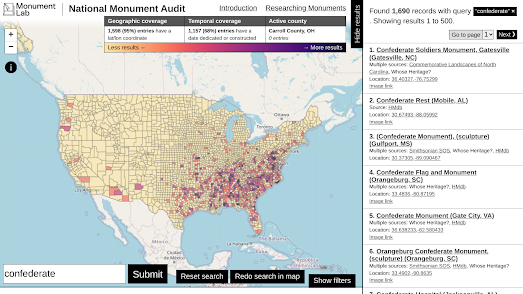 map showing the distribution of Confederate mounuments in the USA