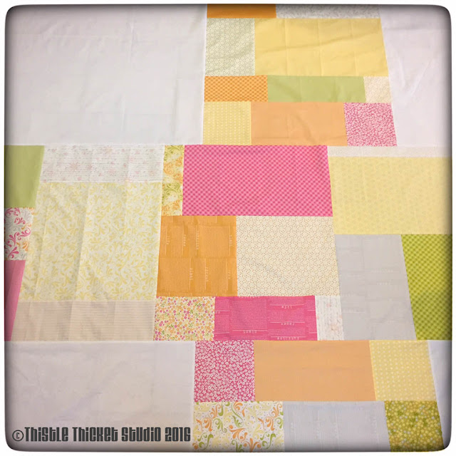 Thistle Thicket Studio, scrappy pieced quilt backing, Sunkissed fabric, 