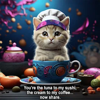 Purr-fect Pairings: Share the Sweetness This adorable kitten chef, nestled in a teacup, is here to remind you that life's best moments are shared.  'You’re the tuna to my sushi, the cream to my coffee... now share' isn't just a saying, it's a call to cuddle up with your favorite person and enjoy the little things. This vibrant poster, featuring a charming kitty and whimsical details, is perfect for kitchens, cafes, or anywhere you want to spread a little joy. Gift it to your 'purr-fect pairing' and make their day!