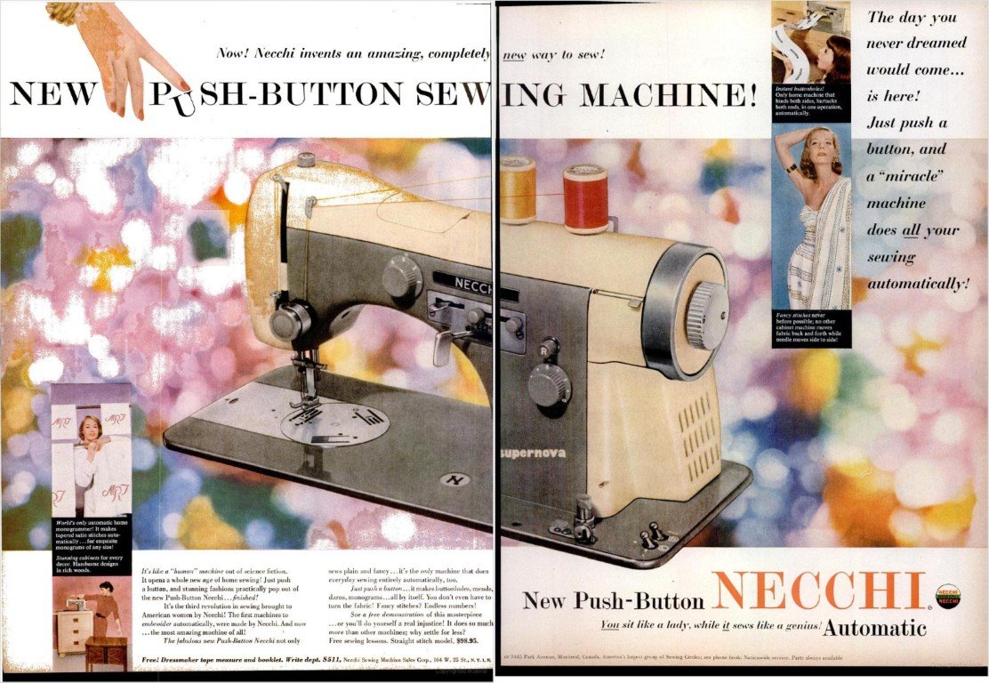 1958 vintage Necchi Sewing Machine Print Ad, Stitching Clothes, Housewife