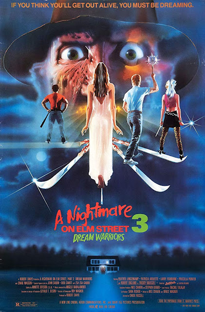 Movie poster for New Line Cinema's 1987 horror film A Nightmare on Elm Street 3: Dream Warriors, starring Patricia Arquette, Robert Englund, Heather Lagenkamp, Laurence Fishburne, Craig Wasson, Ken Sagoes, Rodney Eastman, and Jennifer Rubin