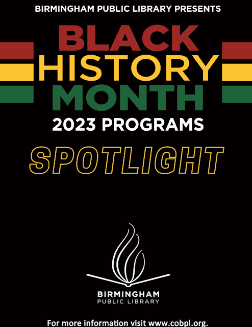 It's the cover of the Black History Month 2023 booklet with the addition of the word spotlight. The cover of the BPL's Black History Month Booklet 2023. It features a black back ground with the words Black in red, History in yellow, and Month in green for the pan-african colors. Beneath Black History Month 2023, the outline of the word spotlight in yellow.