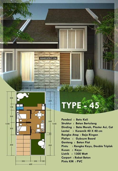 Desain Rumah Type 45 Minimalis Tropis Unit Perumahan