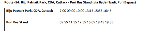 Mobus Route no 54 Cuttack to Puri Timetable March 2024