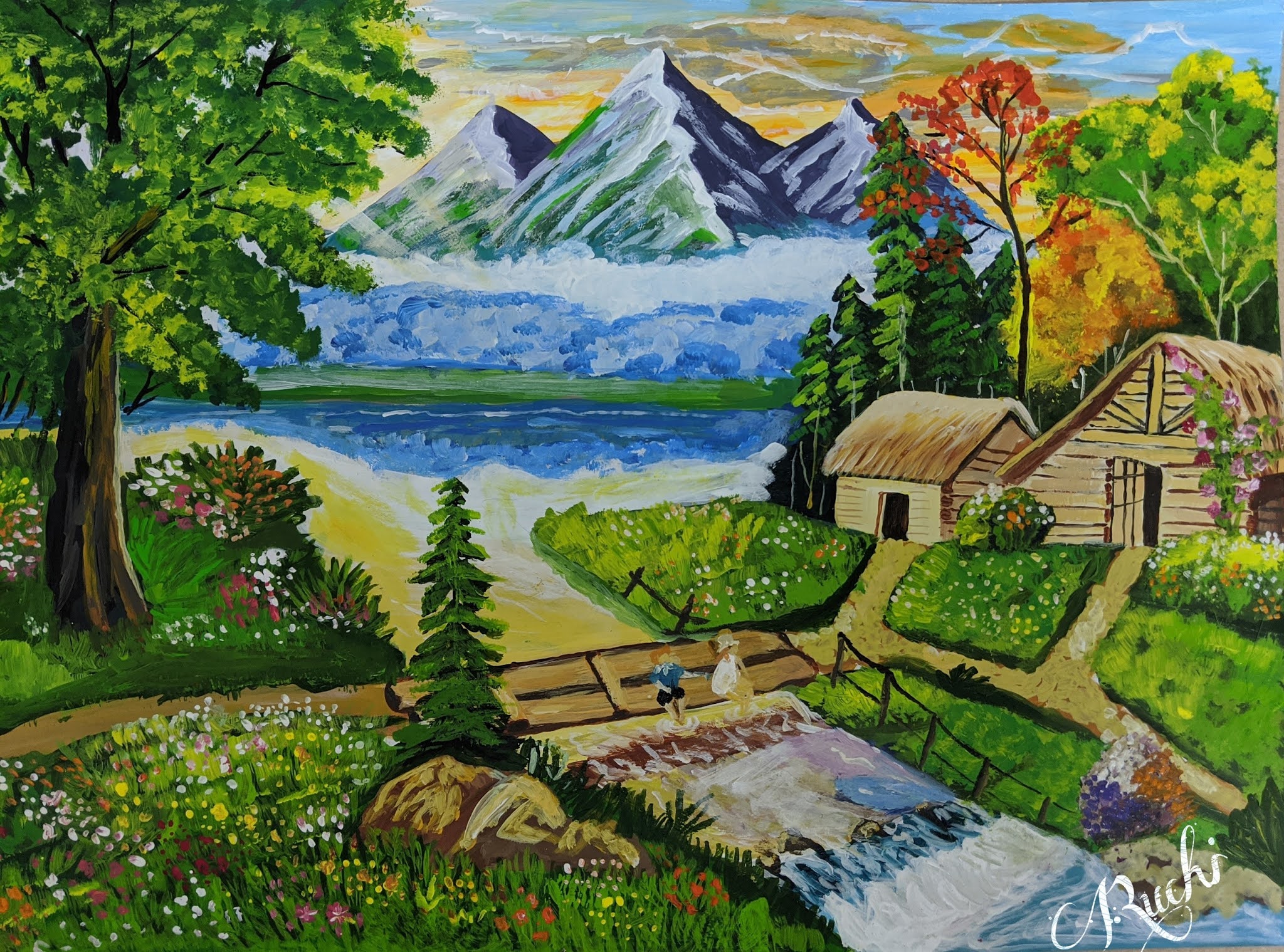Riverside landscape painting