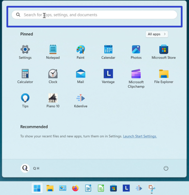 A screenshot of the cursor clicking the search bar at the top of the Start window.