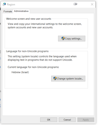 screen shot of the administrative language settings window