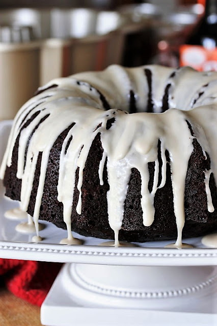 Close-Up of Root Beer Glaze Drizzles on Chocolate Root Beer Bundt Cake Image