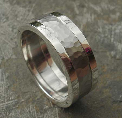 Stainless Steel Rings-Hammered Steel Ring with Polished Silver Edges