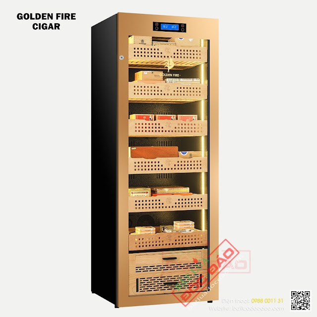 Tủ xì gà Golden Fire GF163 cửa kính sang trọng, khay chứa gỗ tuyết tùng Tu-bao-quan-xi-ga-golden-fire-gf163-golden