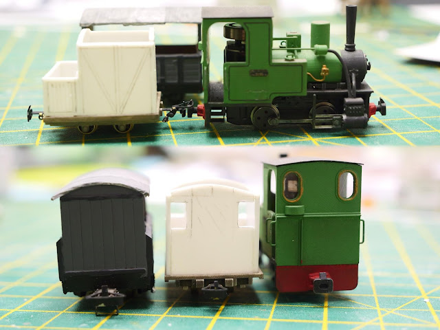 Comparing the brake van body on top of the flat wagon with the existing passenger stock, and one of the locomotives.