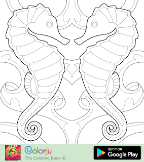 Free two seahorses, ociean fish, under sea, sea creature, sea life, coral reef, underwater symmetric coloring pages