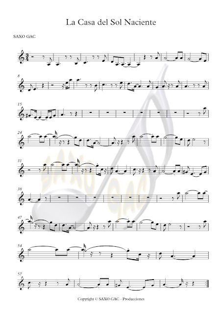  Partitura de La Casa del Sol Naciente para Instrumentos en Clave de Sol (Flautas, Saxofones, Trompeta, Clarinete, Violín, Cornos, Oboe, Requinto...) Rising Sun Blues Sheet Music in Treble Clef (Flute, Recorder, Saxophone, Trumpet, Clarinet, Horn...)