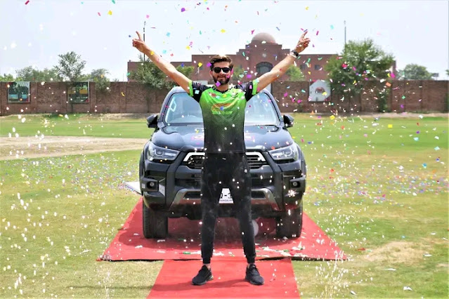 Shaheen Shah Afridi Posing his signature Celebration in front of Toyota Revo
