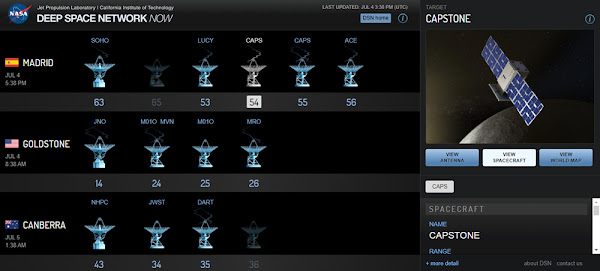 A screenshot of the DSN Now webpage showing that two Deep Space Network antennas in Madrid are currently communicating with NASA's CAPSTONE spacecraft...on July 4, 2022.