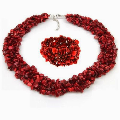 Multi Strands Red Coral Cluster Necklace & Bracelet Set