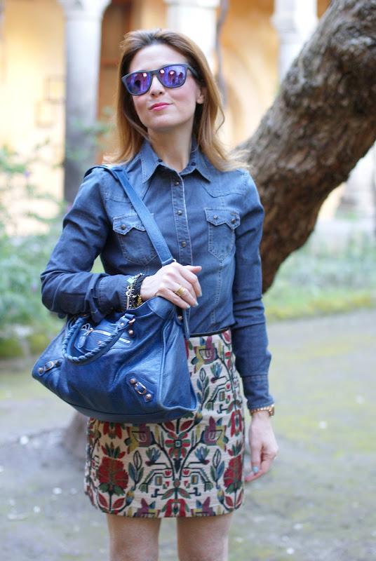 jeans shirt, Zara miniskirt, lace tights