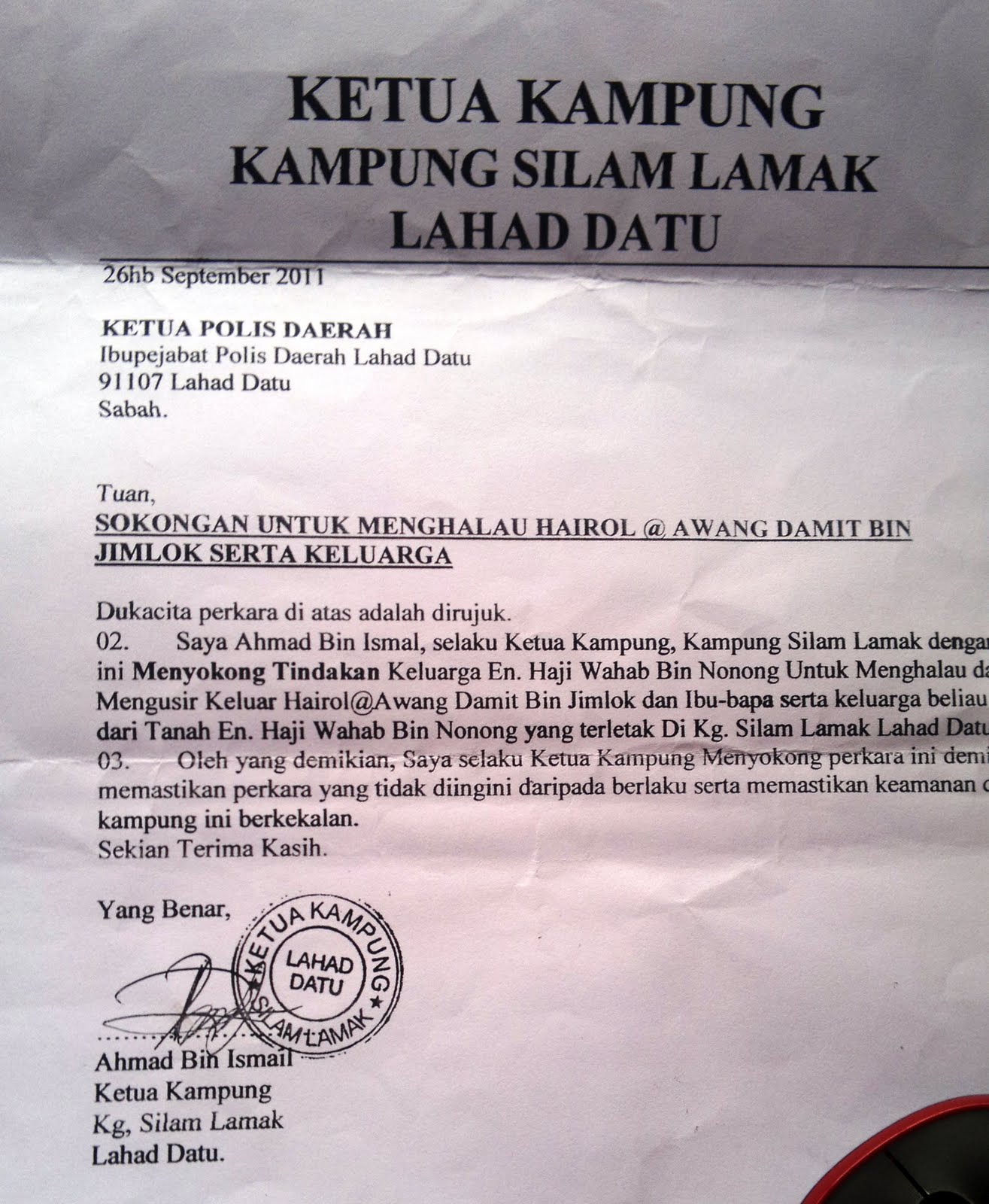 Pengesahan Surat Daripada Ketua Kampung