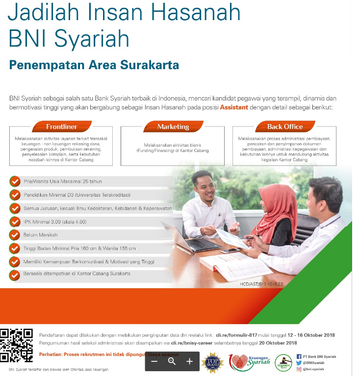 Lowongan Kerja Terbaru PT BNI Syariah Posisi Marketing, Frontliner, Back Office