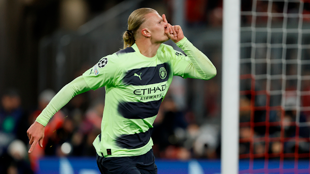 Erling Haaland celebrates his goal against Bayern Munich on Wednesday as Man City storm into the semifinals where they will meet Real Madrid