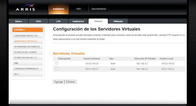 Servidor virtual Firewall modem Arris