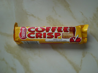 A Coffee Crisp wrapper with conspicuous white check-mark