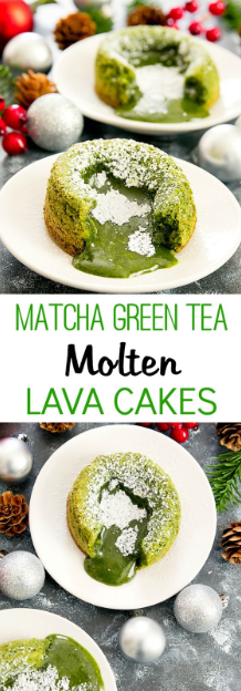  Matcha green tea is mixed with white chocolate to create these delicate cakes with a molt MATCHA GREEN TEA MOLTEN LAVA CAKES