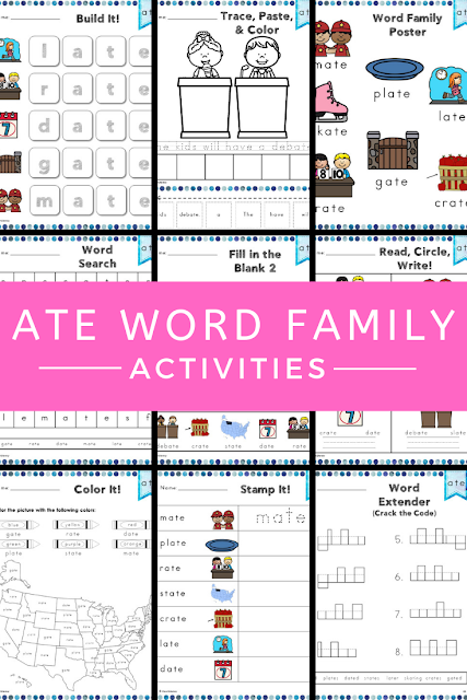 This free ate Word Family Word Work and Activities pack includes over 30 different student centered phonics activities, not just worksheets, that promote reading, tracing, writing, building, cutting, pasting, and creating words in the ate word family with little to no prep work for you. #wordwork #phonics #atewordfamily #free #teacher #firstgrade #secondgrade