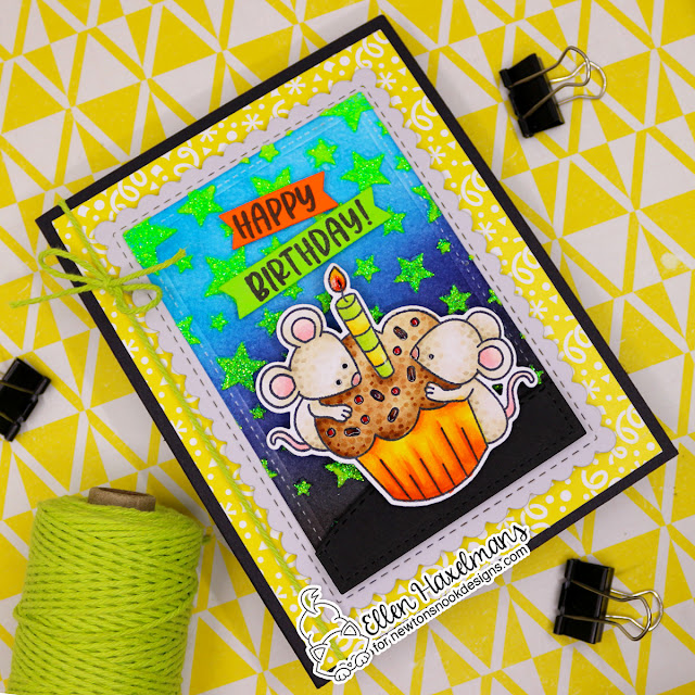 Birthday Mice Card by Ellen Haxelmans | Birthday Mice Stamp Set, Cascading Stars Stencil, Birthday Party Paper Pad and Die Sets by Newton's Nook Designs #newtonsnook #handmade