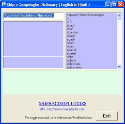 English to Hindi Dictionary Features: Version: 2.0  Downloads: 369 Platform: Windows  Type: Dictionary  Vocabulary size: 22,600 (words/phrases)  Price: Free   Compatibility: Our Dictionary is a very well known dictionary among Indians because it is bilingual English-Hindi Dictionary. Ya, it is a wonderful English to Hindi dictionary. It contains almost all commonly used word of English. It has a large database of more then 22600 English words with Multiple Hindi meanings.  Main Features: Very simple and user friendly interface; Multiple Hindi meanings of all words; Real time short listing panel of words as you type; Large database of more then 22600 words; List of all words in the right Panel.  Download Dictionary: Dictionary