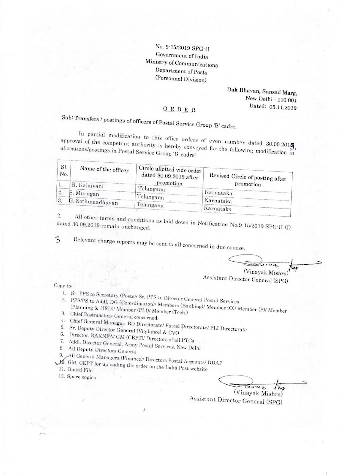 Transfers / postings of officers of postal Services Group'B cadre.