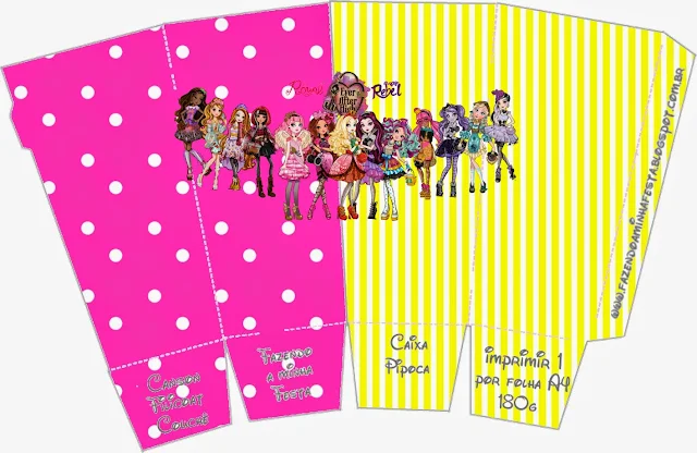 Free Printable Pop Corn Box of Yellow and Pink Ever After High.