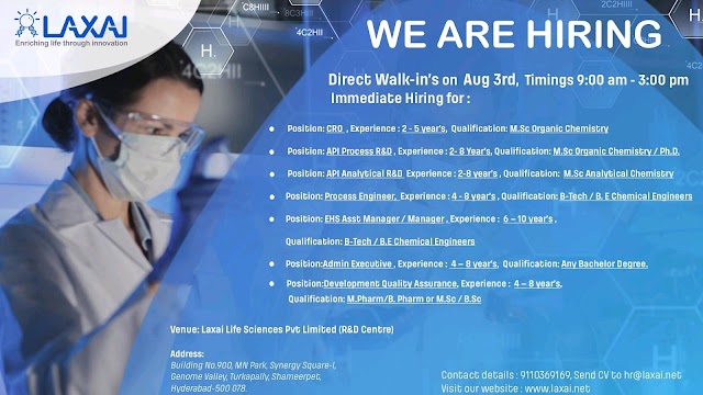 Laxai Life sciences | Walk-in interview for Multiple Departments | 3 August 2019 | Hyderabad