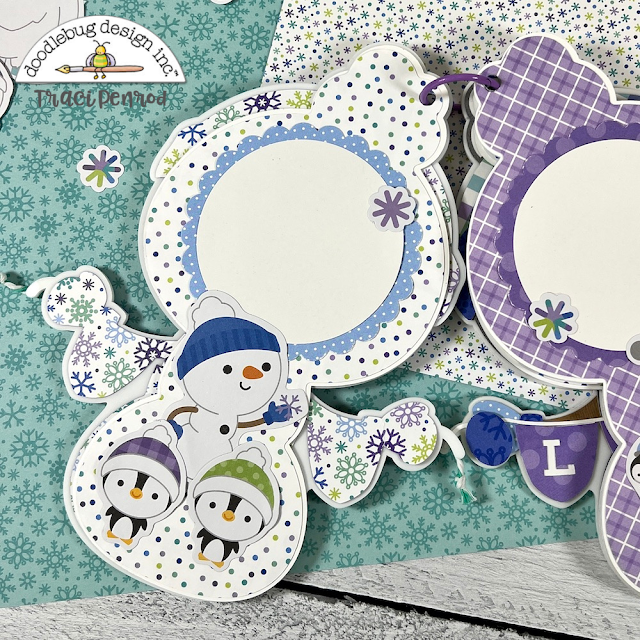 Snowman Shaped Scrapbook Album page with penguins and polka dots