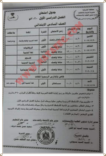 جدول إمتحانات الشهادة الابتدائية التيرم الاول 2019 محافظة الشرقية - الفصل الدراسى الثانى