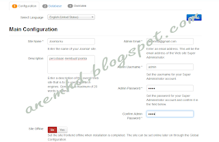 3. Langkah selanjutnya, buka browser anda dan ketikan localhost/joomla dan akan muncul halaman 1 Configuration seperti gambar dibawah. Lalu isi dengan lengkap data yang diminta. Semua telah diisi maka lanjut ke langkah berikutnya klik Next.