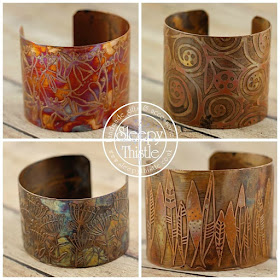 Copper etched cuffs by Margaret Read from Sleepy Thistle made using Nadine Muir's Edinburgh Etch tutorial on Silhouette UK Blog