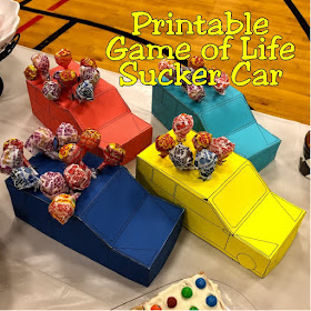 Add a fun party favor or statement piece to your Game night dessert table with this printable Game of Life car.  Game car holds 6 suckers so it looks like the actual game piece but instead is a great addition to your Game Night party.