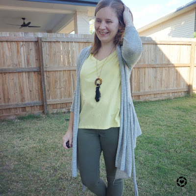 awayfromtheblue Instagram| grey cardigan with pastel yellow tee and olive skinny jeans