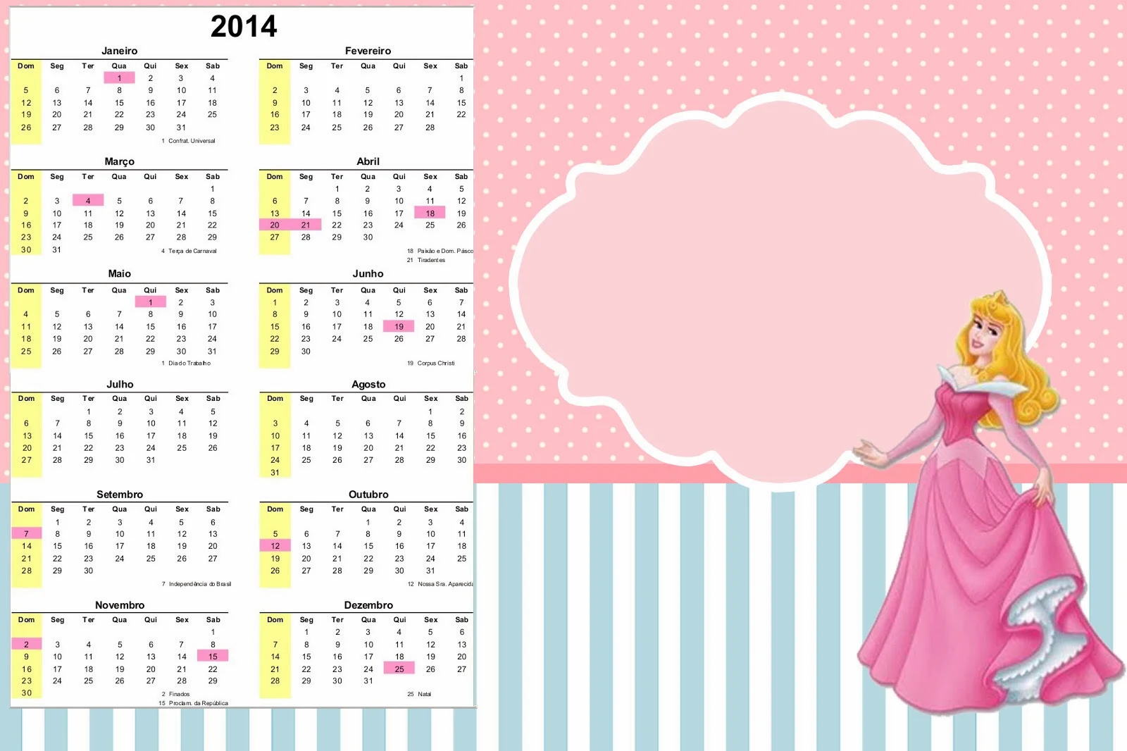 Calendario 2014 para Fiestas de Bella Durmiente. 