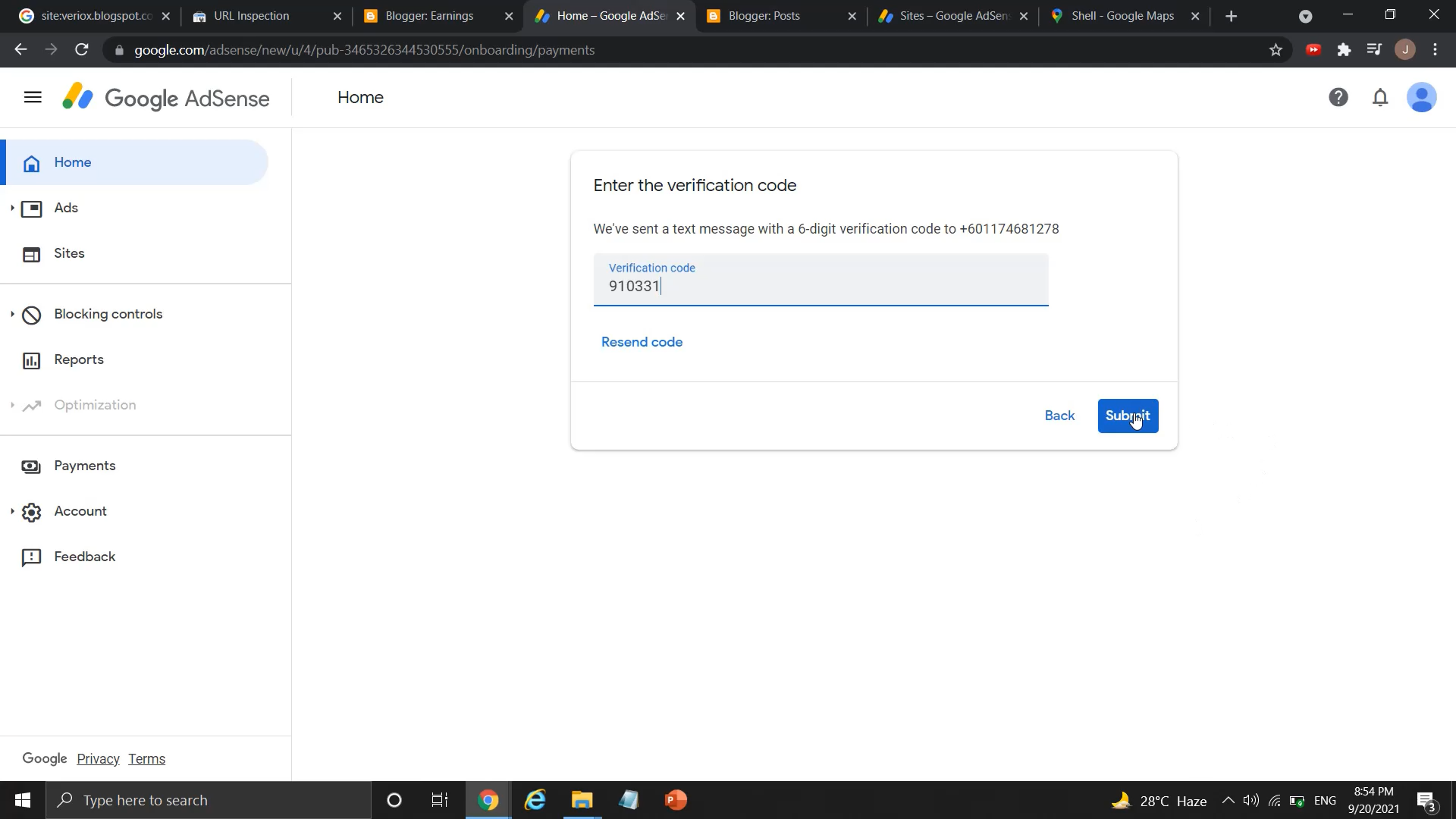 How to verify Google AdSense account with verification code sent to phone number