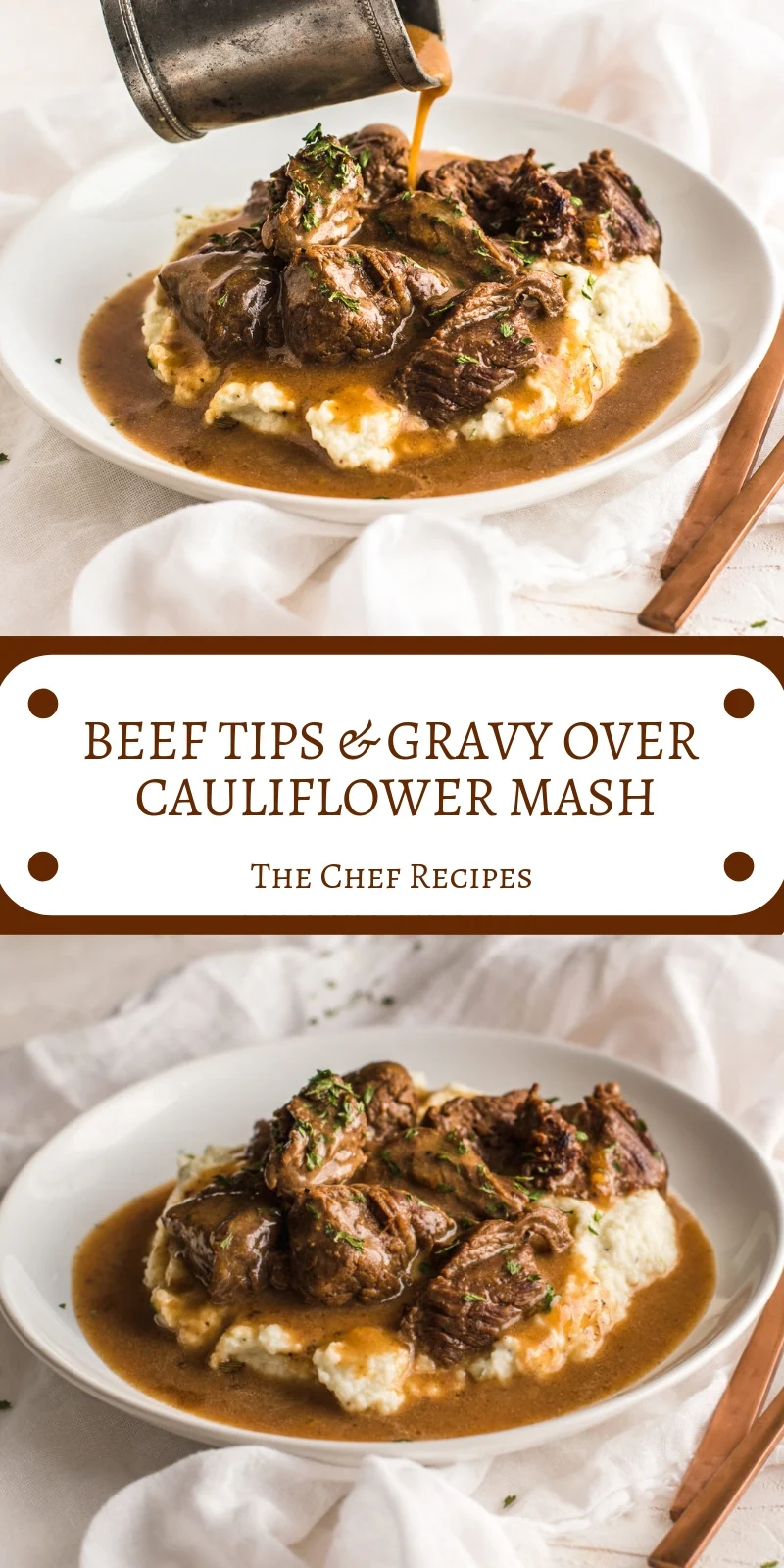 BEEF TIPS & GRAVY OVER CAULIFLOWER MASH