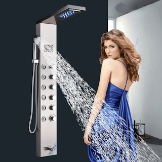  Luxury LED Shower Panel 6 Valve Digital Display Waterfall Rainfall Brushed Nickel Finish with Hand Held Shower Head